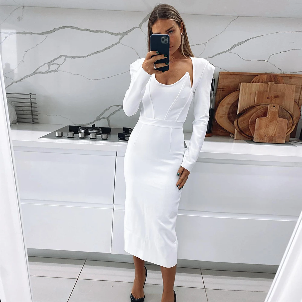 

Simple Wedding Dress White Sheath/Column Long Sleeves Civil Gowns for Women 2023 Bride Tea Length Bridal Dresses Midi