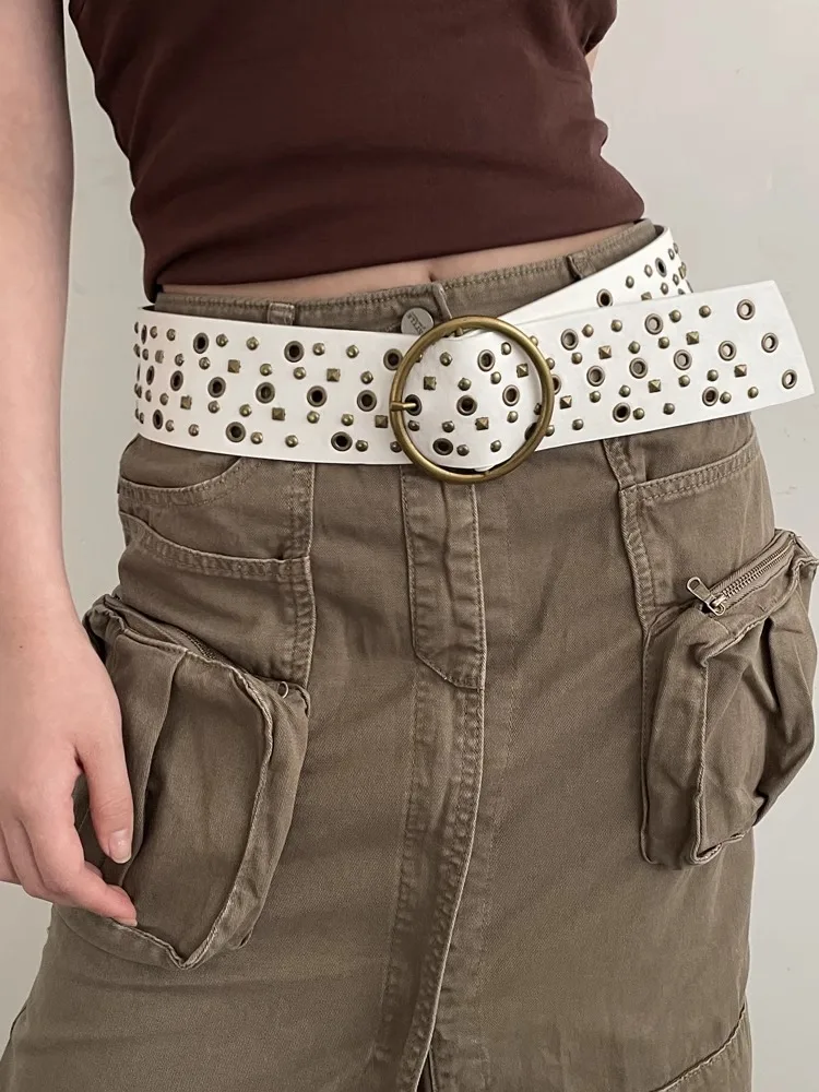 Cinturón Retro estilo N para mujer, cinturón ancho con remaches, colocación de pantalones vaqueros, sensación de alta calidad, 2024