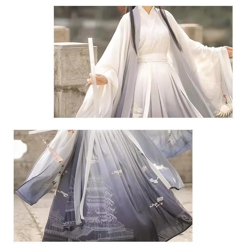 Vintage Damen Chinesisches Hanfu Kleid Set Weijin Periode Traditionelles Kostüm Nich Fashion Crane Tower Outfits Paare Kleidung