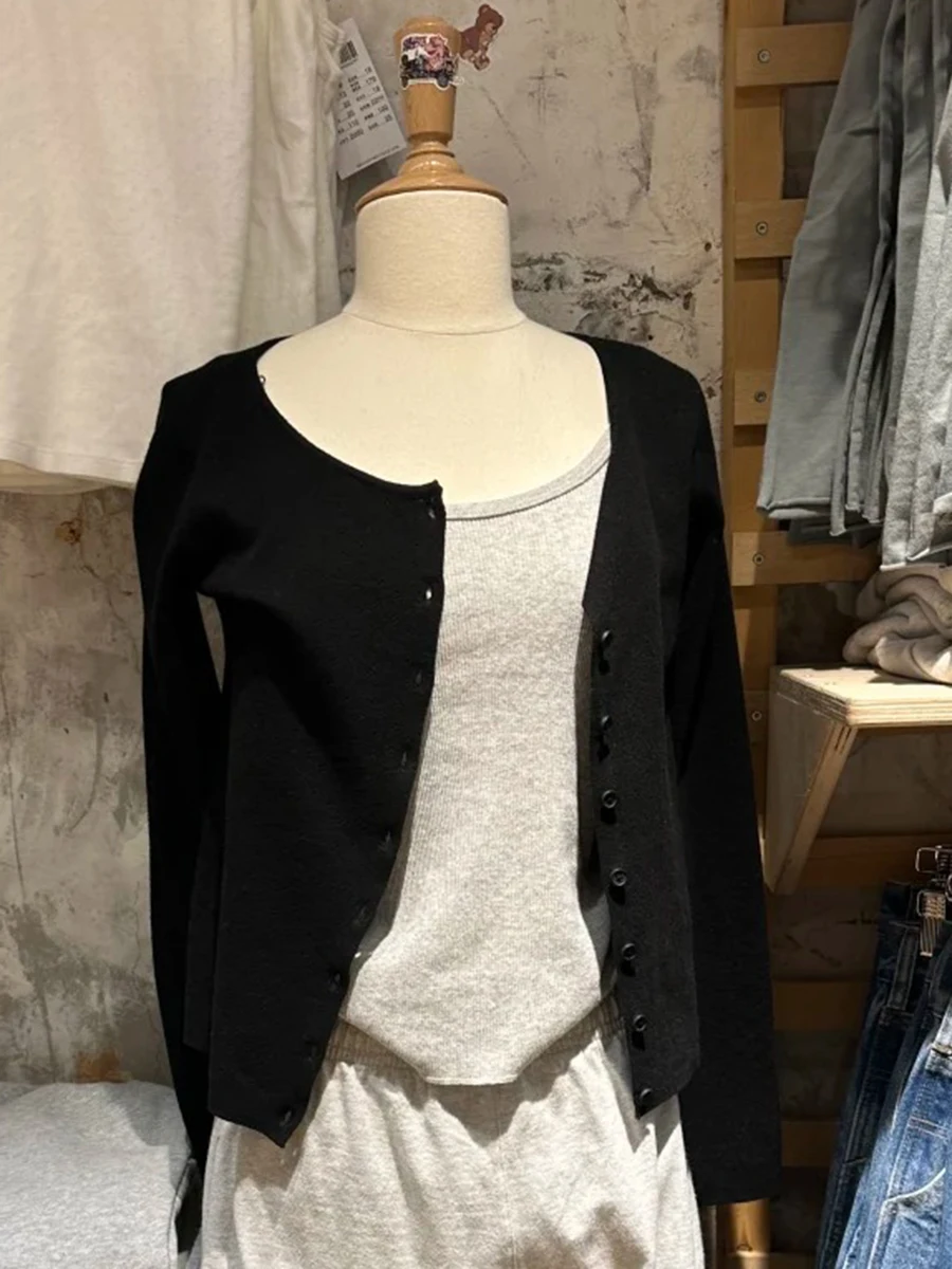 New Women's Black Long Sleeve Cardigan T-shirt Scoop Neck Single Breasted Soft Cotton Tees Autumn Preppy Style Sweet Eyelet Tops
