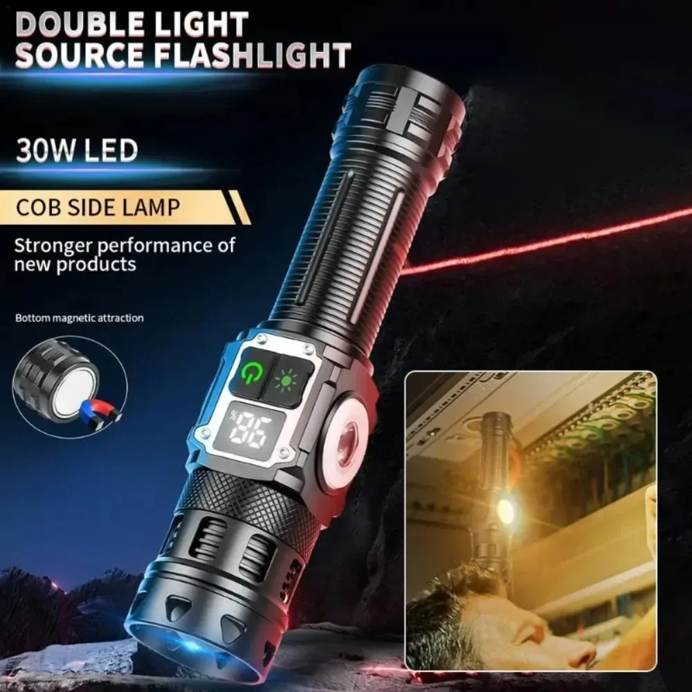 

Ultra-bright 30W LED Flashlight COB Yellow Work Light Rechargeable Zoomable Torch with Bottom Magnet Hiking Outdoor Camping Lamp