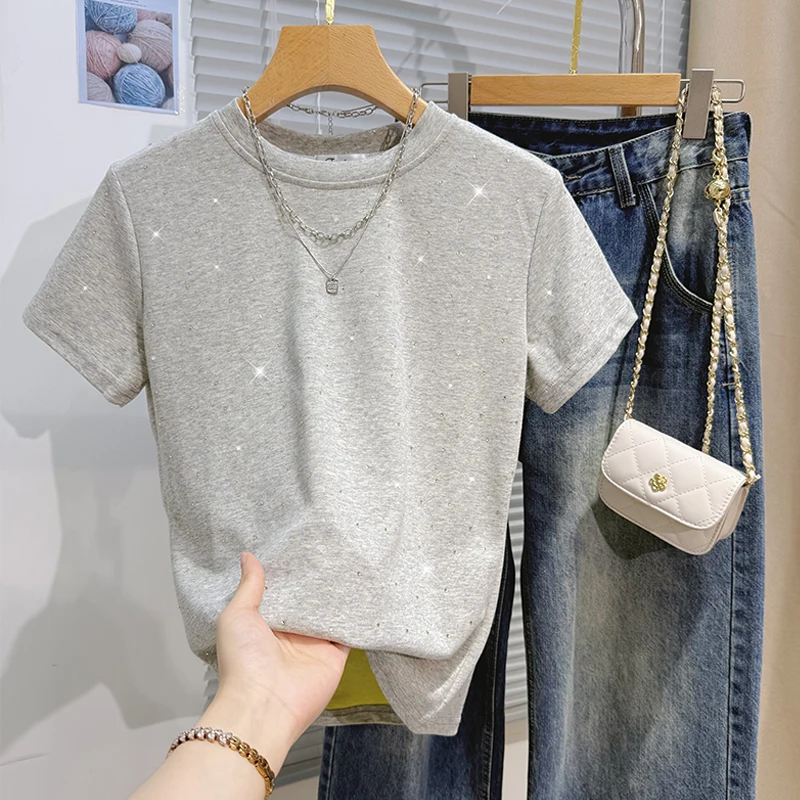 Modisches O-Neck Freizeit-Oberteil 2026 Sommer Luxus Schwerer Strass Damen Kurzarm T-Shirt Trendiges Locker Sitzendes Vielseitiges T-Shirt