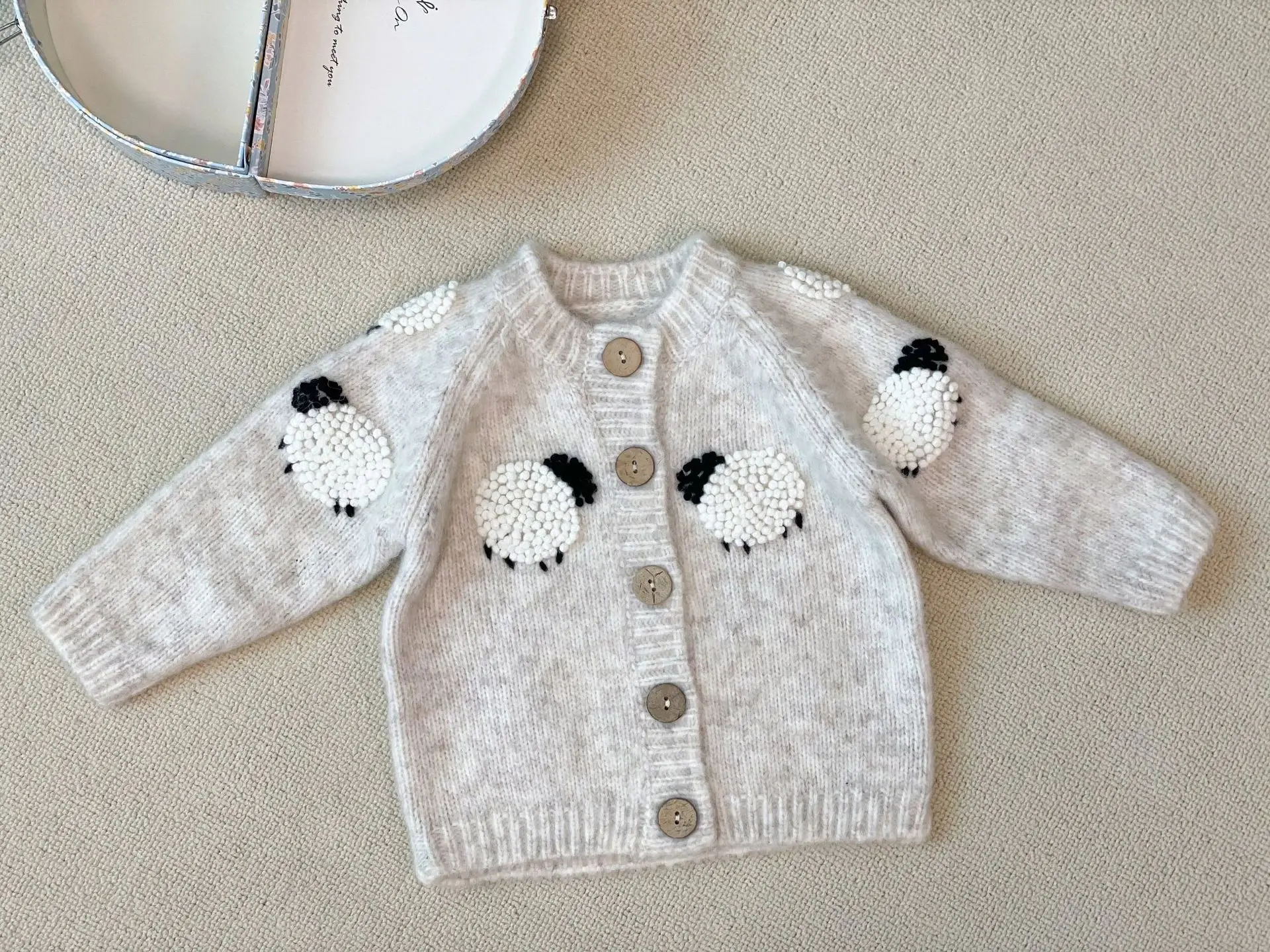 Kids Knit Cardigan Sweater, 2026 New Ins Style Hand Embroidered Little Sheep Pattern Wool Coat for Boys Girls