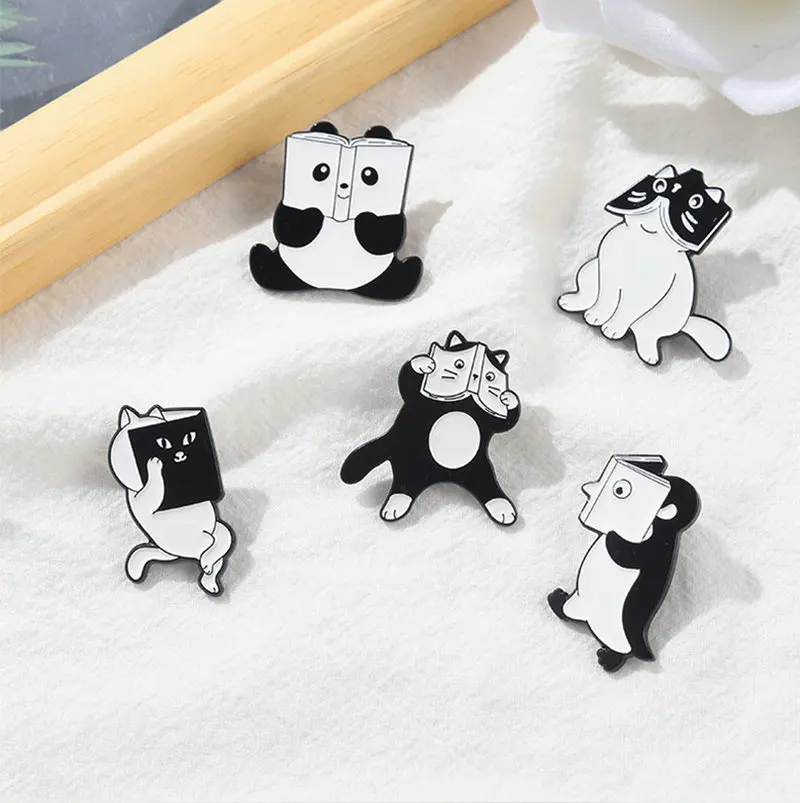 Pin Custom Cat Penguin Panda Read A Book Brooch Bag Lapel Pin Cartoon Funny Badge Jewelry Gift for Kid Lovely Animal Enamel