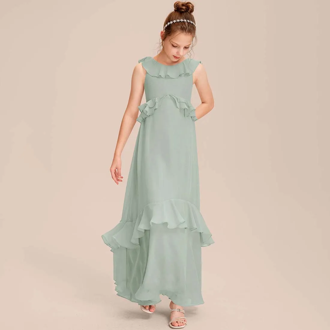 YZYmanualroom Chiffon Junior Bridesmaid Dress With Cascading Ruffles A-line Scoop Floor-Length 2-15T