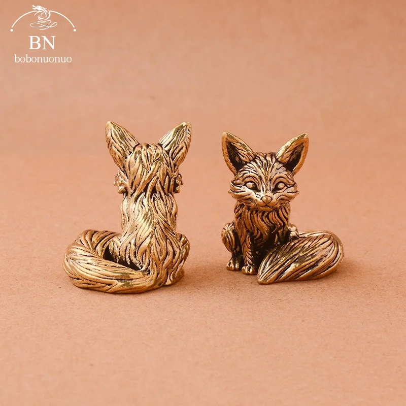 Antique Bronze love Cute Fox Miniature Figurines Desk Ornament Decorations Accessories Copper Animal Sculpture Home Decor Crafts