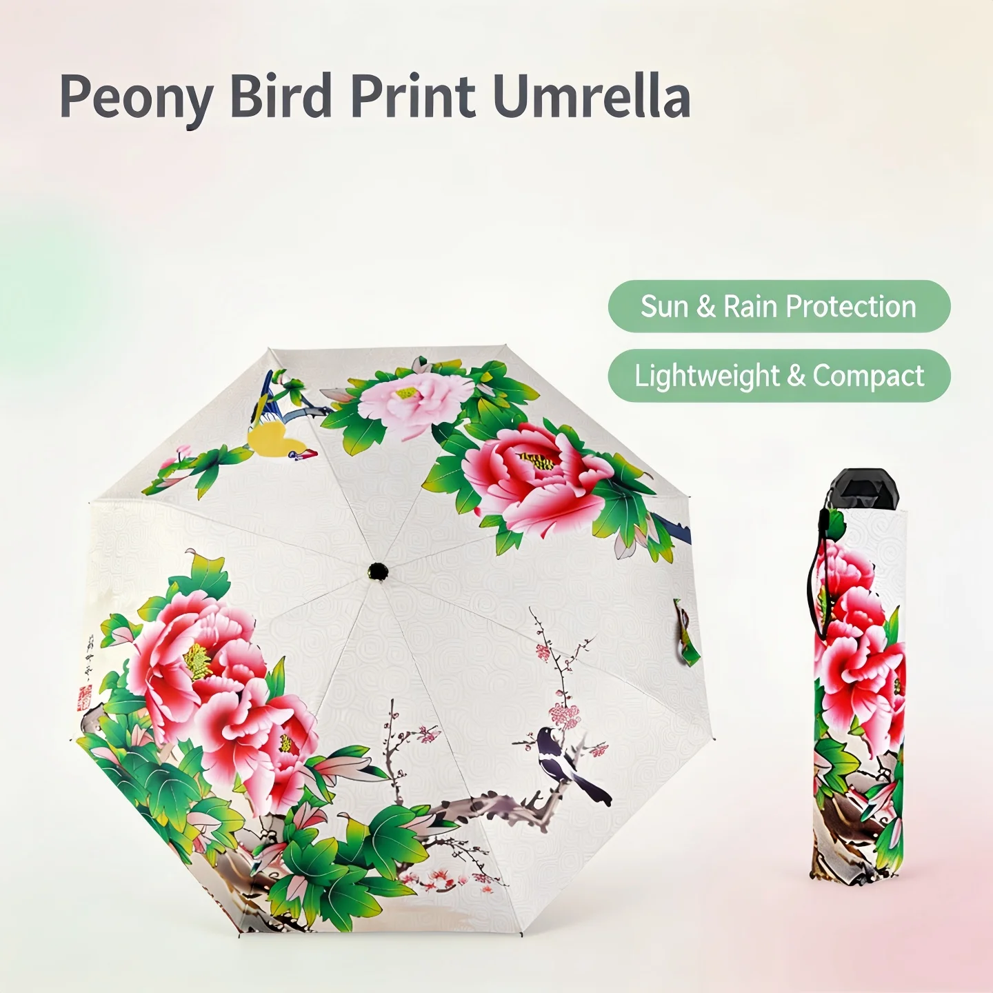 Paraguas plegable con diseño clásico de peonías y pájaros chinos, resistente al viento, a la lluvia y a los rayos UV, ideal como regalo para el Día de San Valentín o la Navidad, para mujeres y señoras.