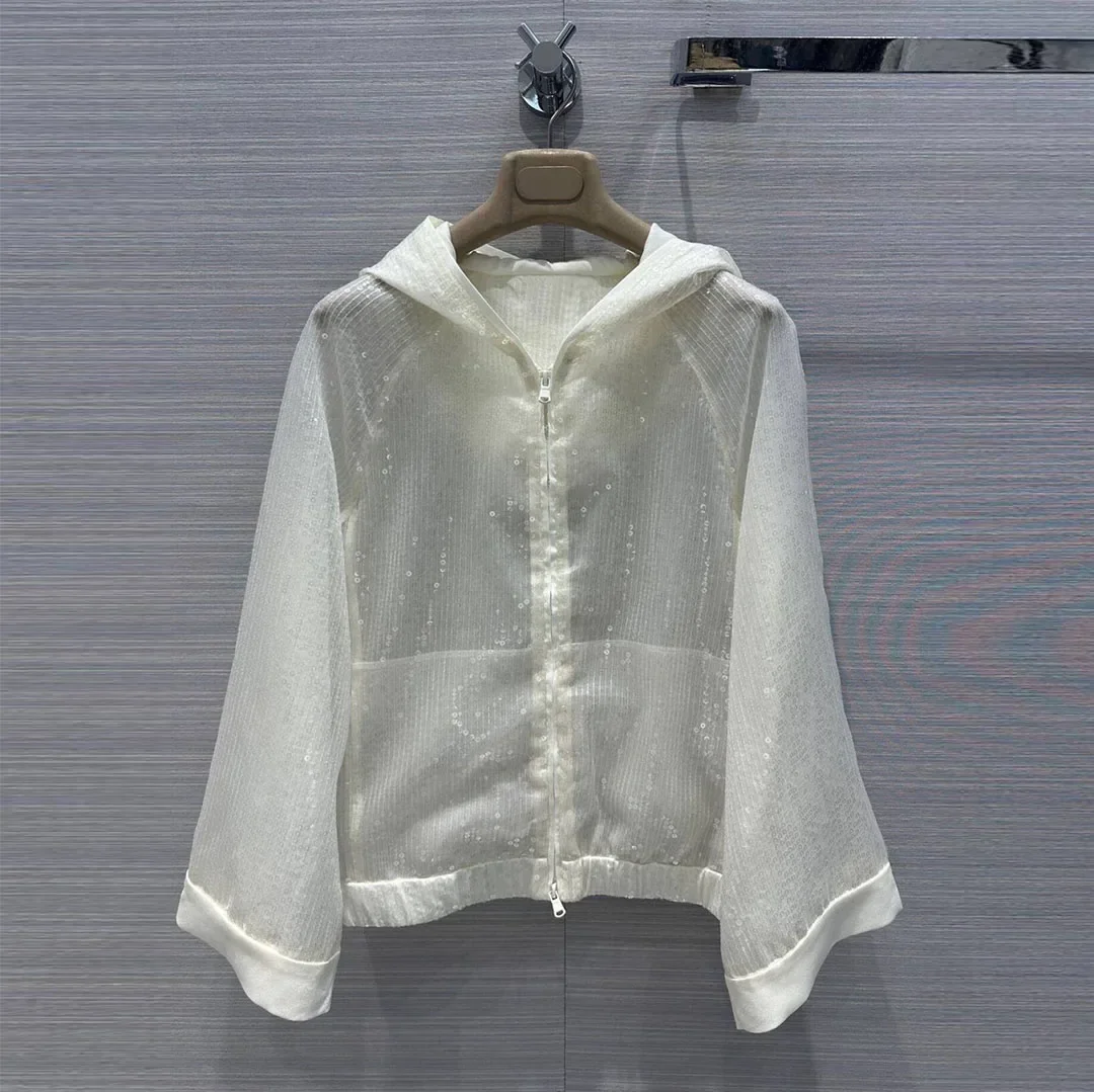 2024 New Summer 100% Silk Organza Thin Jacket Women Transparent Sequins Embroidery White Sweet Coat Hooded Wide Long Sleeve