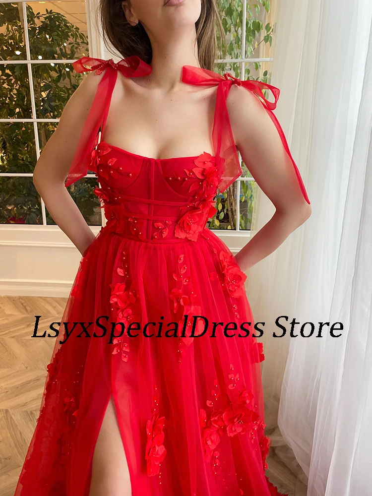 LSYX 2024 Red Appliques Pearls Tulle Evening Dresses A Line Lace Up Prom Gowns Women Floor-Length Side Slit Vestidos De Noche