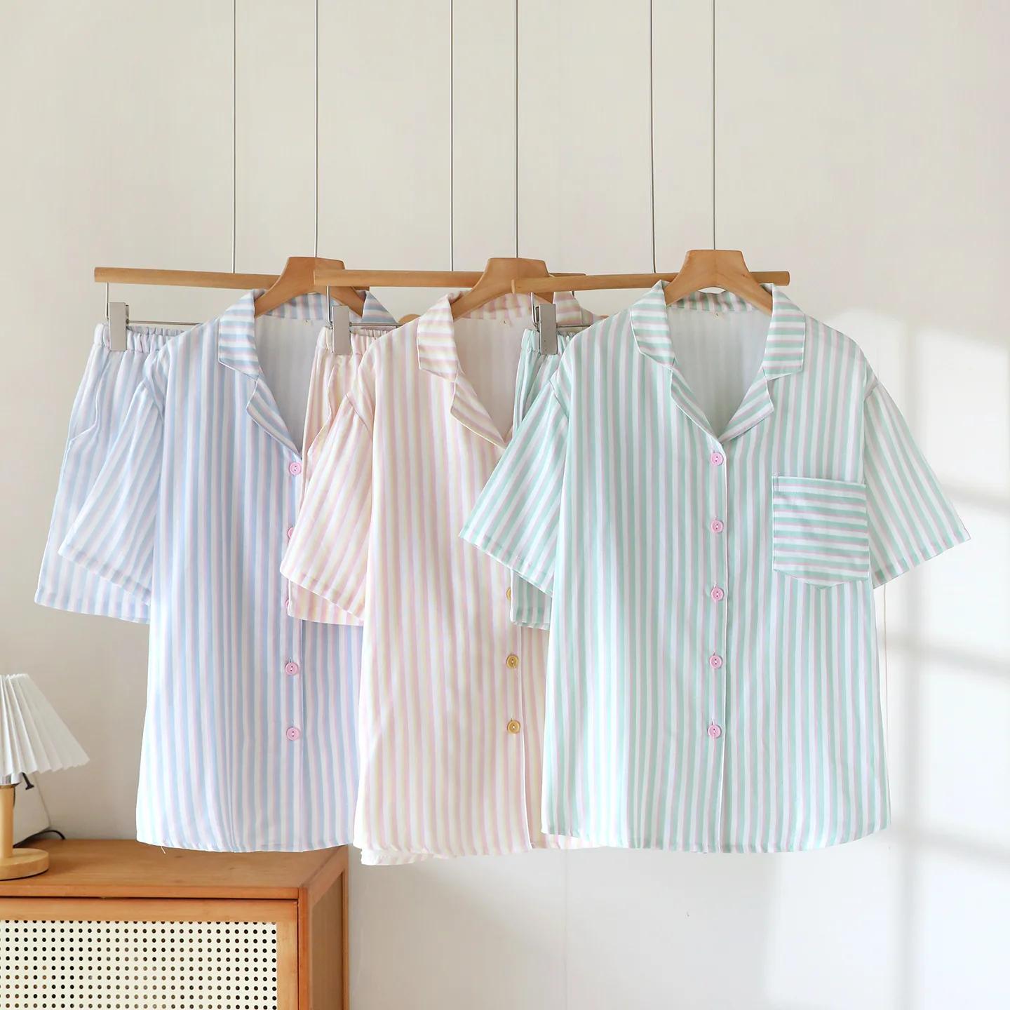 Colorful Striped Women's Sleepwear Thin Cotton Short Sleeved Top Elastic Waist Shorts Comfortable Breathable Home Suit Set