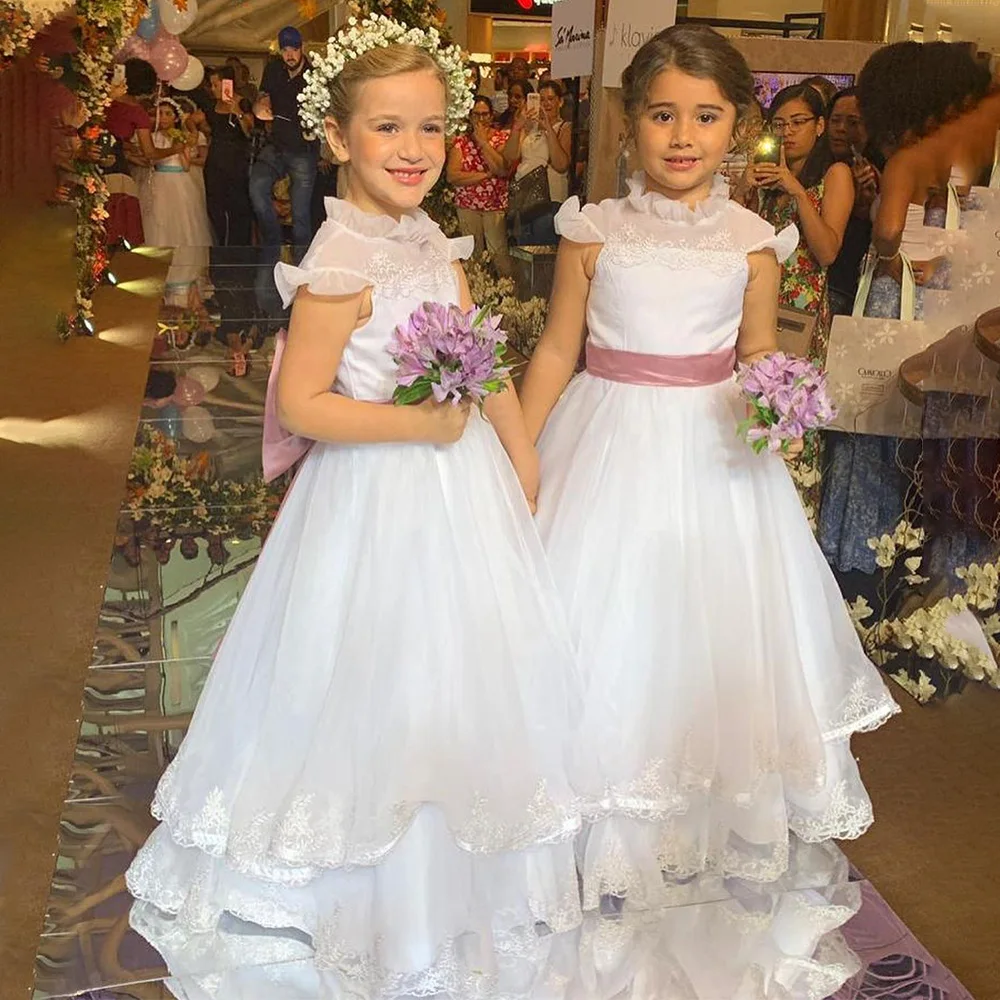 Flower Girl Dresses for Weddings White High Collar A Line   Gowns Long Applique Sash Bow Formal Party Dress  Child