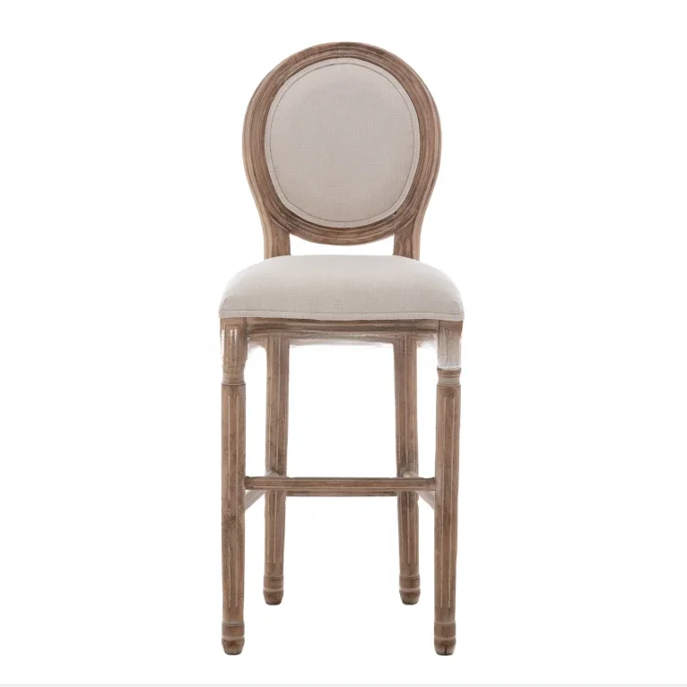 Solid Wood Beige Linen Fabric Aged Brushed Louis Bar Stool