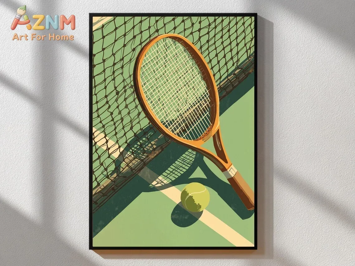 AZNM Vintage Tennis Racket and Ball Canvas Wall Art Green Tennis Court Sport Retro Art Print Unframed Canvas Poster for Sports R