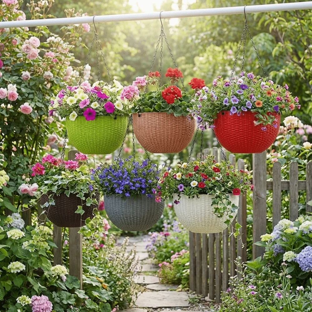 Plastic Imitation Rattan Hanging Pot European Style Self Absorbing Water Hanging Flower Pot Stackable with Chain