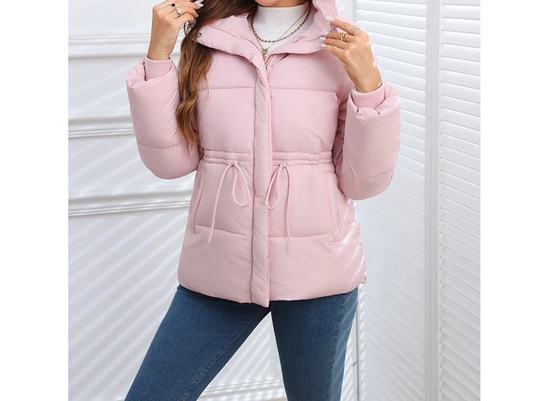 2025 Autumn and Winter Plus Size Women's Hooded Waist Cinched Drawstring Cotton Jacket
