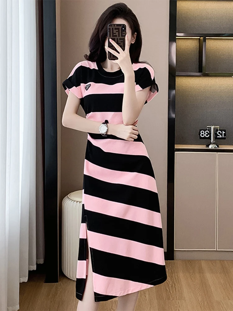 Minceur plissé Midi Dr T-shirt d'été à fines rayures pour femmes Dr Faionable Casual A-Line Silhouette ronde Ne ort Sl...