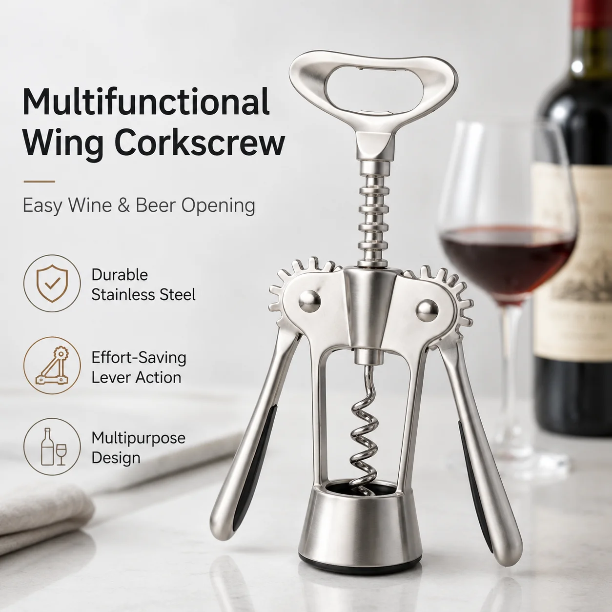 Meltset M Lever Wine Bottle Opener Corkscrew Heavy Duty Stainless Steel 3in1 Wine Beer Opener with Foil Cutter Kitchen Bar Tool
