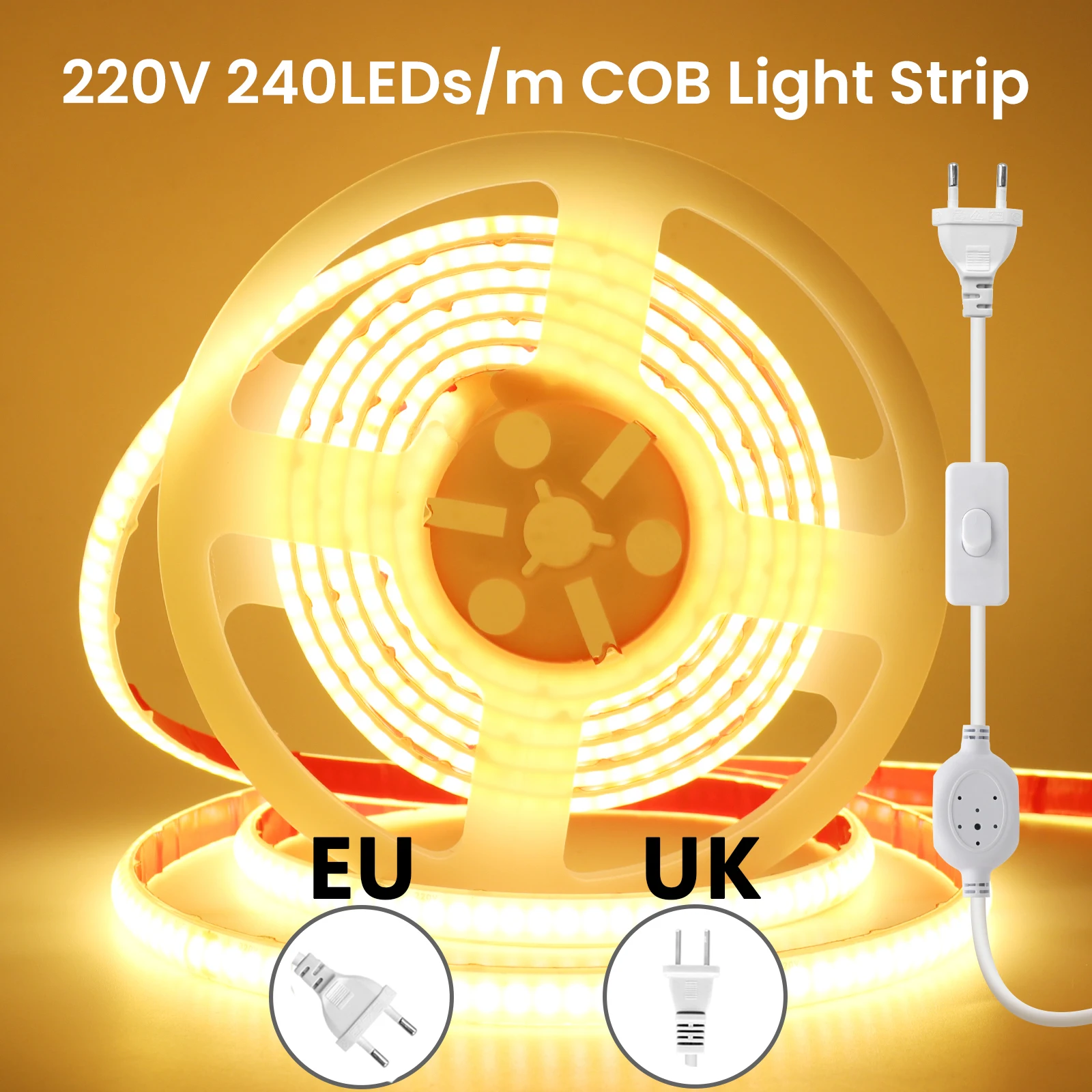 AC 220V IP67 Waterproof COB LED Switch Strip Light With EU UK Plug Warm Natural White Flexible Tape 240 LEDs/m 0.5m 35m 40m 100m
