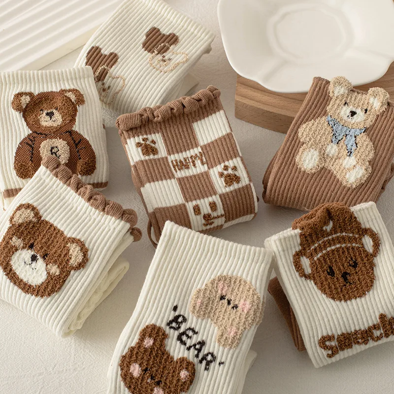 1/7 Pairs Coffee Colored Woolen Teddy Bear Socks for Girls Cute in Spring and Summer Three-dimensional Plush Retro Long Socks