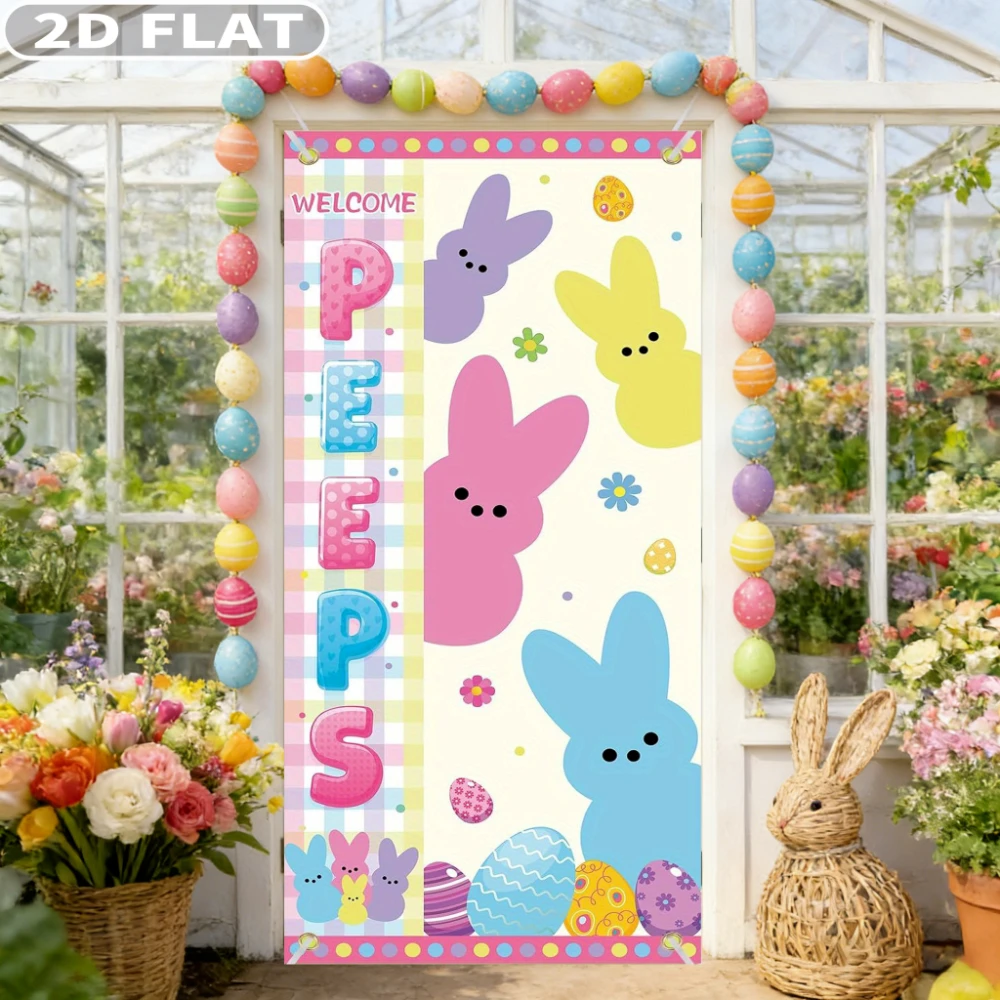 

2D FLAT 1pc Easter Bunny & Egg Banner - Polyester 90x180cm/35.43x70.87 Inch Spring Rabbit Eggshell with " Is Risen" Sign