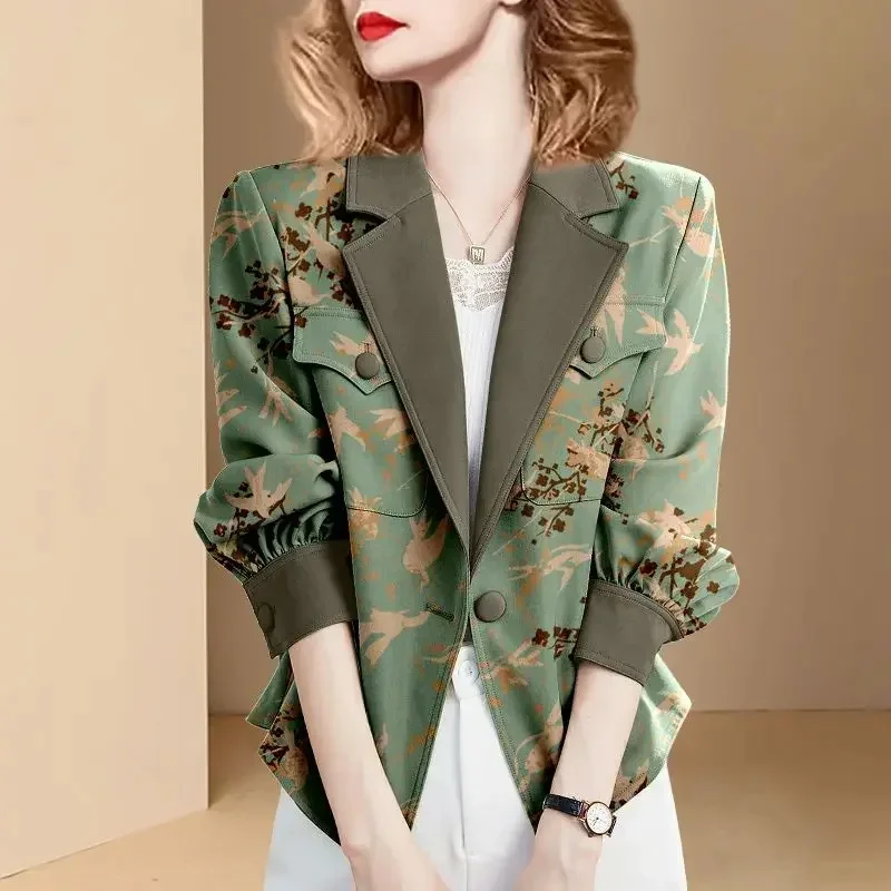 

2025 Spring and Autumn Elegant Printed Short Jacket Women Long Sleeve Notched Collar Single Breasted Coat Female Street
