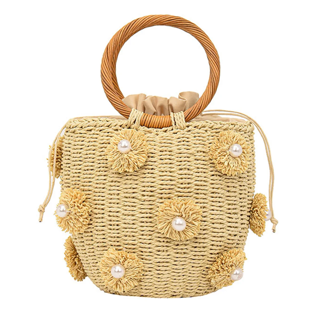 

Women Handmade Woven Bag with Pearls Straw Bucket Bag Drawstring Wrist Purse Summer Holiday Beach Bag