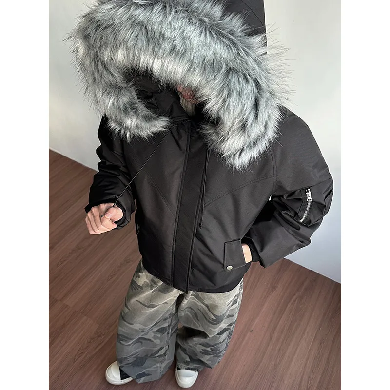 

American Sle Thiened Hooded Jaet Men's Winter Outdoor Workwear Flight Cotton Coat with Large Fur Collar Casual Youth