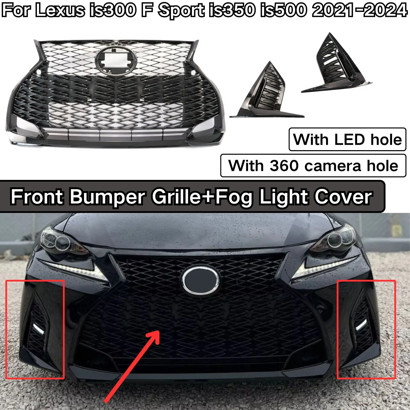 Front Bumper Grille And Fog Light Cover For Lexus Is300 F Sport Is350 Is500 2021-2024 With LED Hole 360 Camera Hole  Accessories