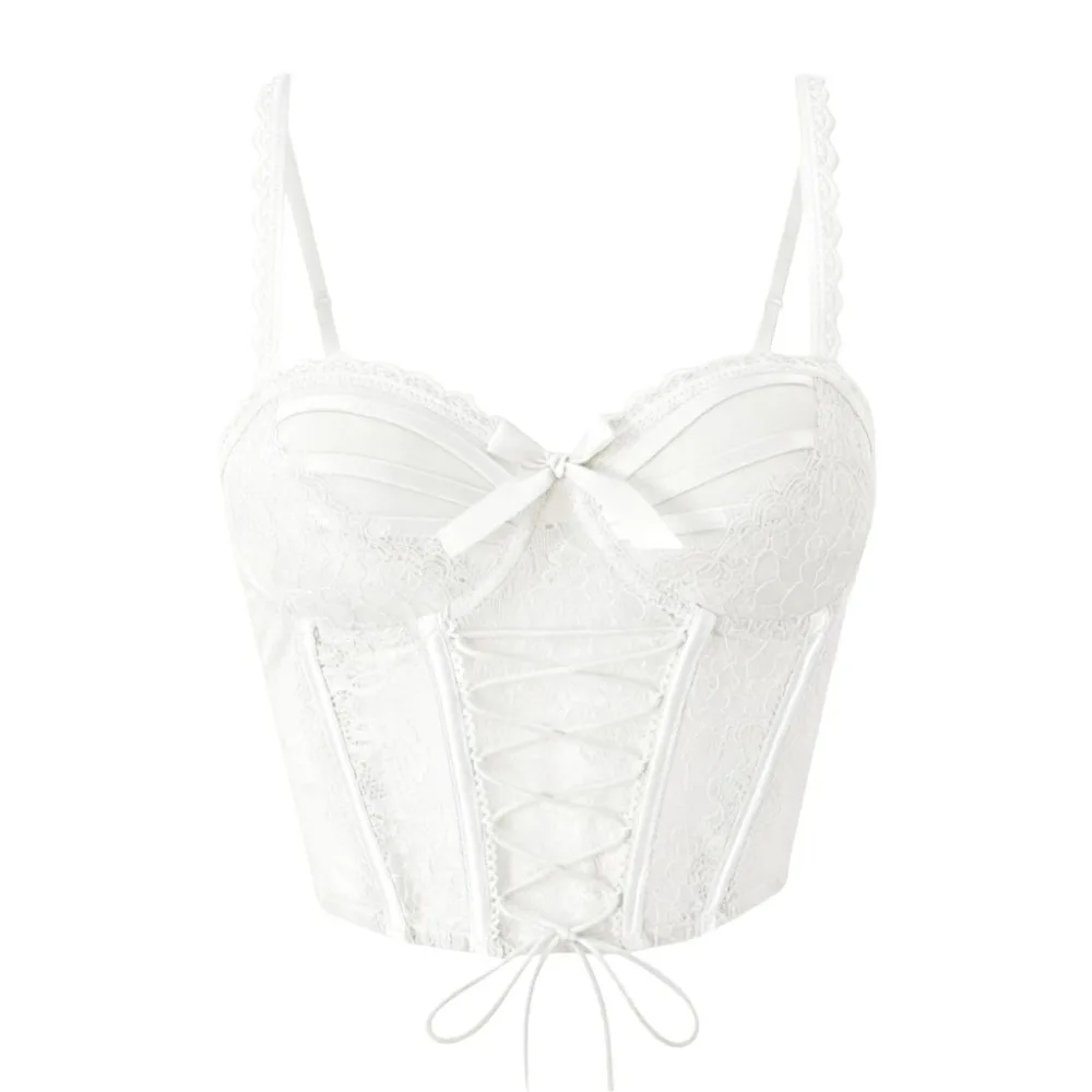 

Sweet Ruffle Lace Flower Camisole Bowknot Strappy Slim Crop Tops Tank Fishbone Lace Corset Spicy Girls