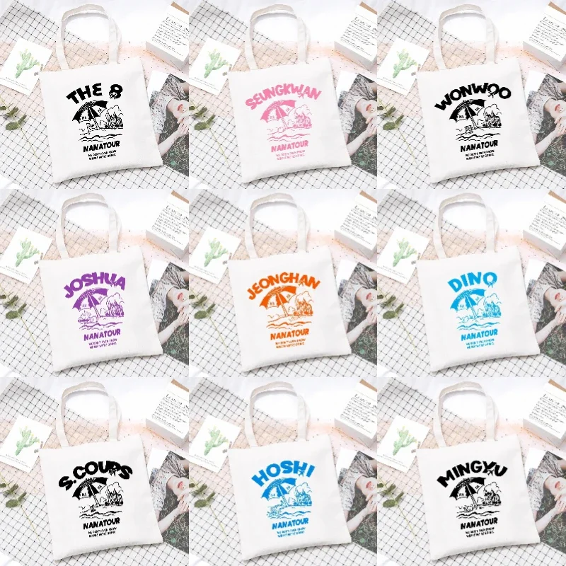 Kpop Nanatour Shoulder Bag Summer Simple White Letter Print Canvas Bag S.Coups Jeonghan Y2k Women's Travel Handbag Eco
