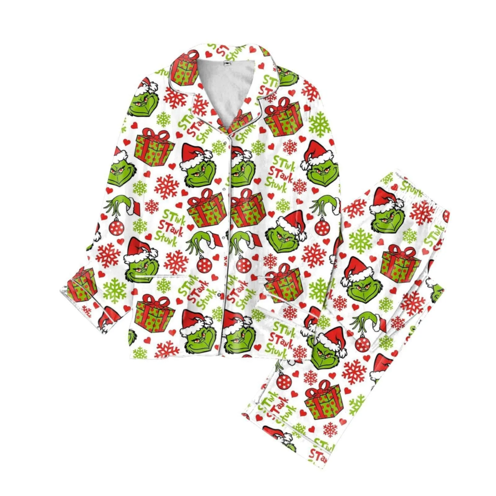 Conjunto de camisa y pantalones con botones de manga larga y estampado en forma de corazón de satén rojo para mujer Conjunto de pijama informal