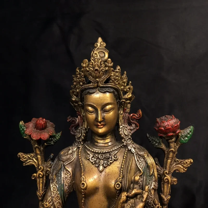 Ancient China's Refined Pure Copper Painted Green Tara Buddha with Exquisite Craftsmanship and Thick Coating