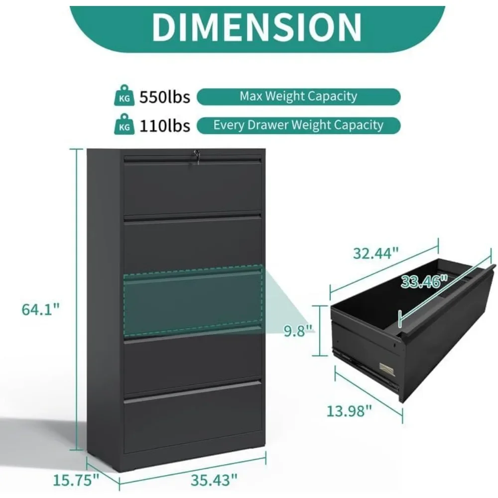 Armoire à fichiers latérale avec serrure, armoires de classement en métal pour bureau à domicile, rangement en acier, armoire à fichiers large, 5