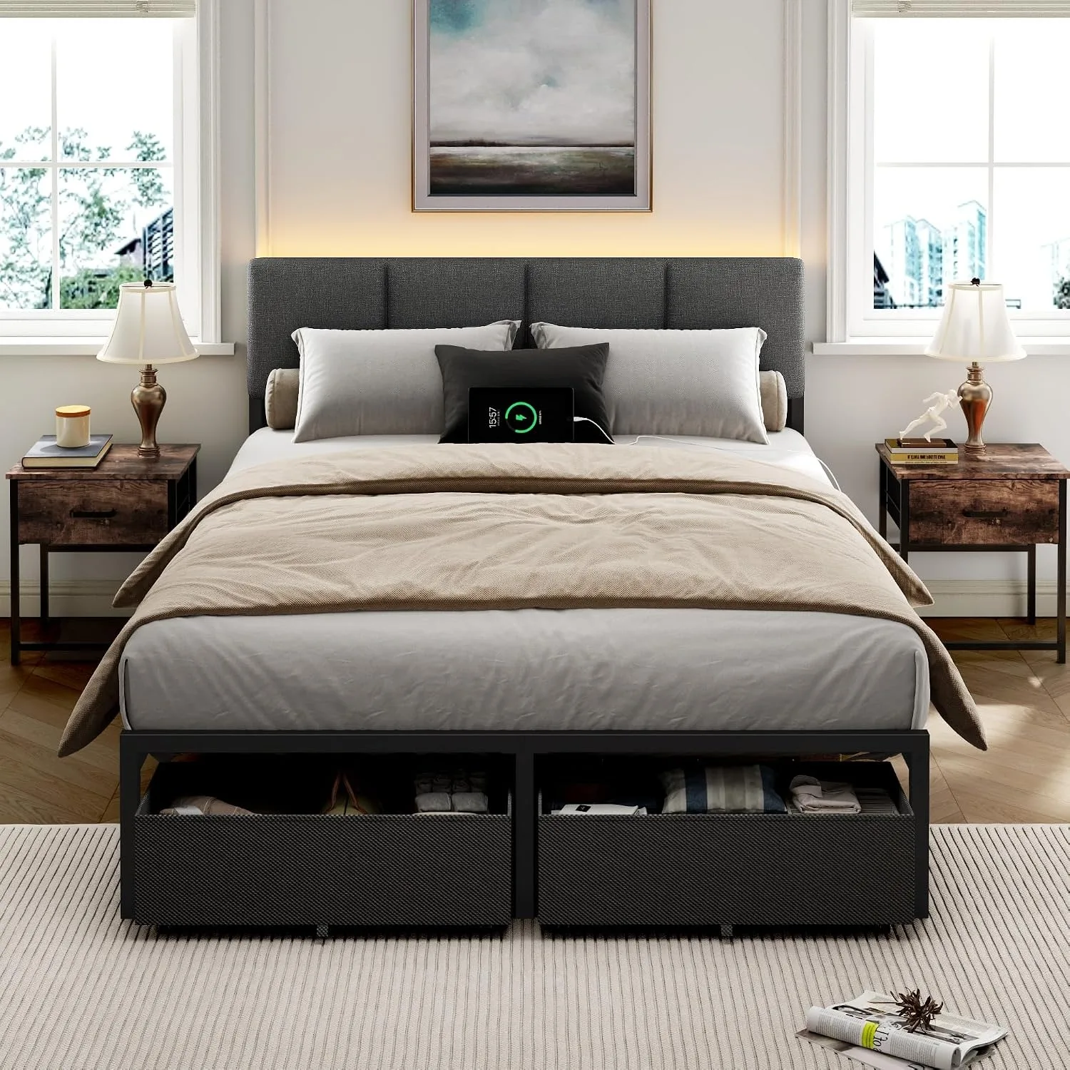 Full Size Upholstered Platform Bed Frame With Headboard, LED Lights & USB Charging Station, Custom