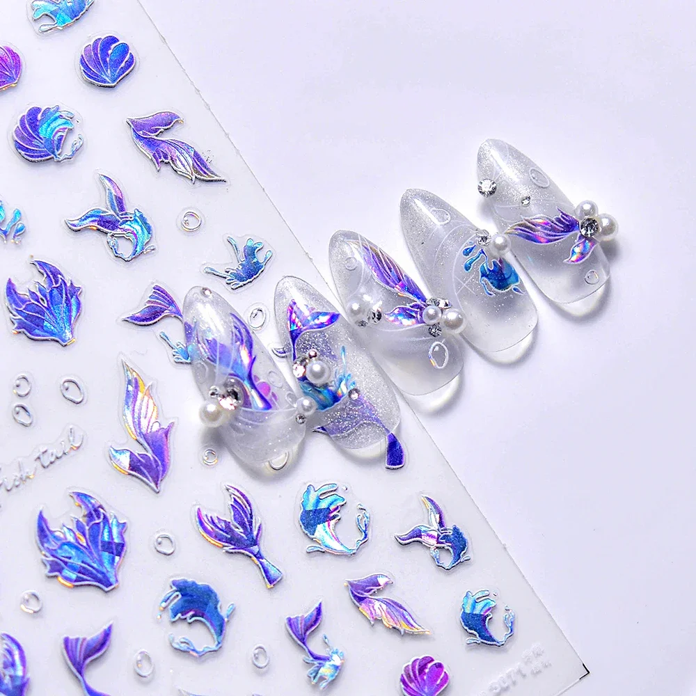 Ocean Blue Shell Illusion Jellyfish Mermaid Fishtail Dazzling Girl 3D  Nail Art Sticker Summer Sea Spray Beach Manicure 5D Decal