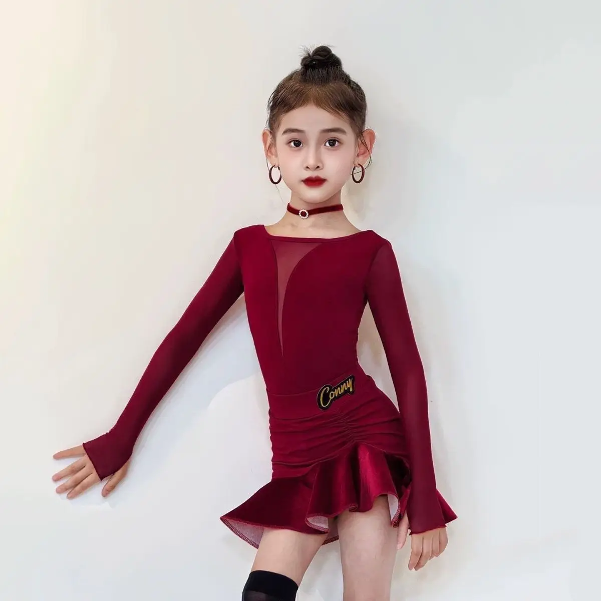 Girls Latin Dance Outfit Wine Red Long Sleeve Top Half Skirt Children Daily Dance Training Practice Stage Performance Dance Wear