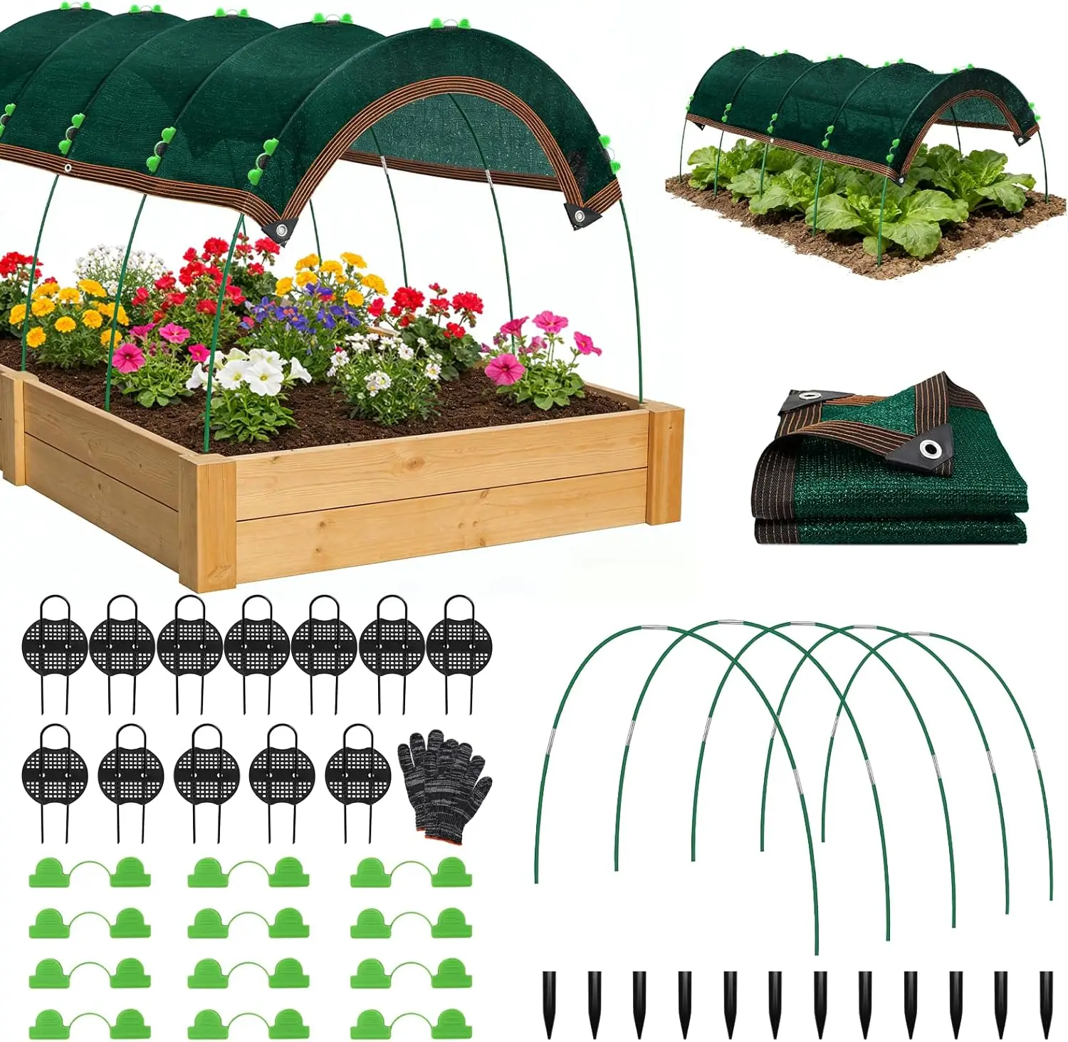 Garden Shade Kit 78.7"x39.4", 70% Green Shade Cloth with Hoops for Plants, Raised Garden Bed Shade Cover for Heat Protection,