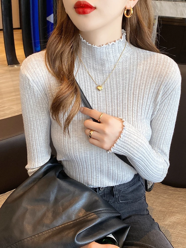 2024 Ruched Turtleneck Sweater Women Fashion Stretch Tops Women Knitted Pullovers Long Sleeve Bottoming Knitted Sweater