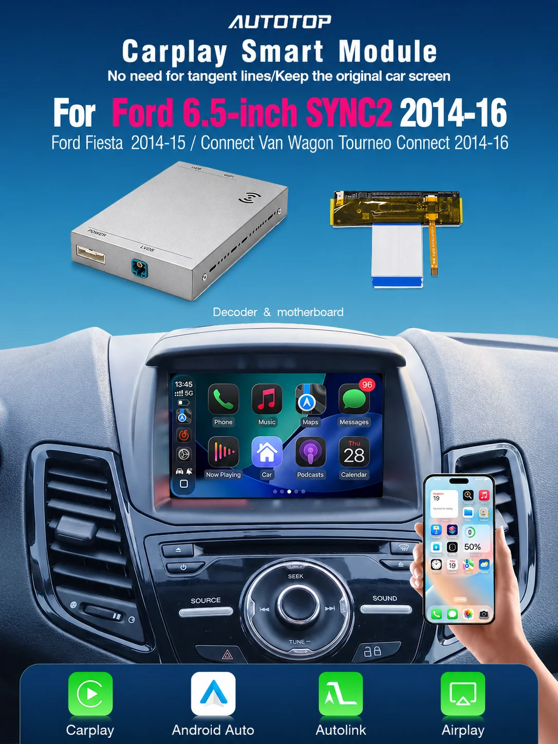 AUTOTOP Bezprzewodowy dekoder CarPlay Android Auto do Forda z 6,5-calowym ekranem SYNC 2, interfejs modernizacyjny do Fiesta 2014-2015, Transit Connect, Tourneo Connect 2014-2016, AirPlay, MirrorLink, — 2
