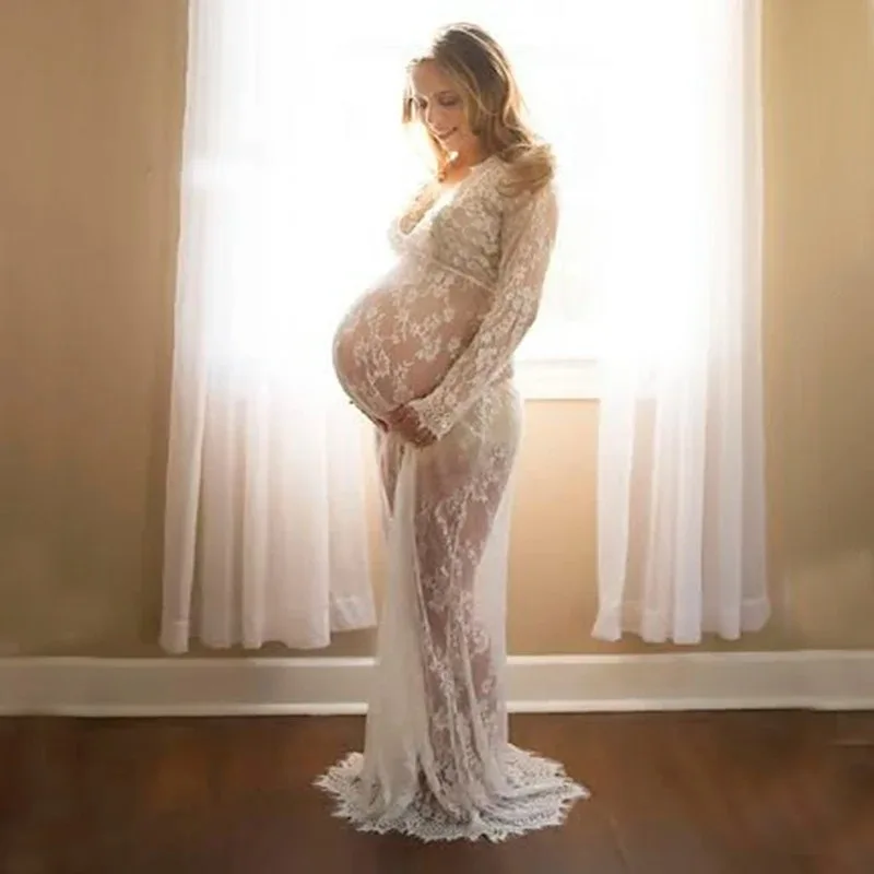 Vintage Sexy Women's Maxi Dress Transparent Lace Deep V Neck Long Sleeve See through Beach Photography Prop Gown