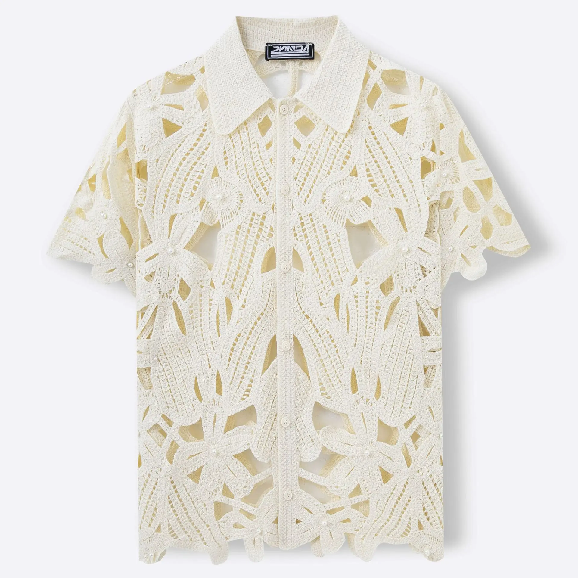 European Summer Men Apricot Solid Color Hollow Out Knitted Turn-down Collar Breasted Short Sleeve Simple Basic Polo Shirts Tops