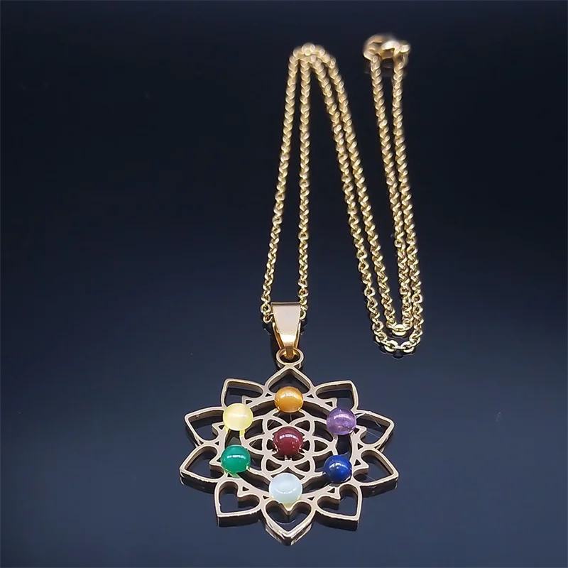 Sacred Geometry 7 Chakra Metatron Heart Necklace Flower of Life Stainless Steel Opal Stone Necklace Reiki Healing Jewelry N6341