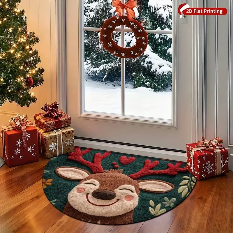 VIKAMA Christmas Reindeer Semi-Circular Floor Mat, Soft Anti-Slip Entry Rug, Bathroom Decorative Floor Mat, Home Decoration