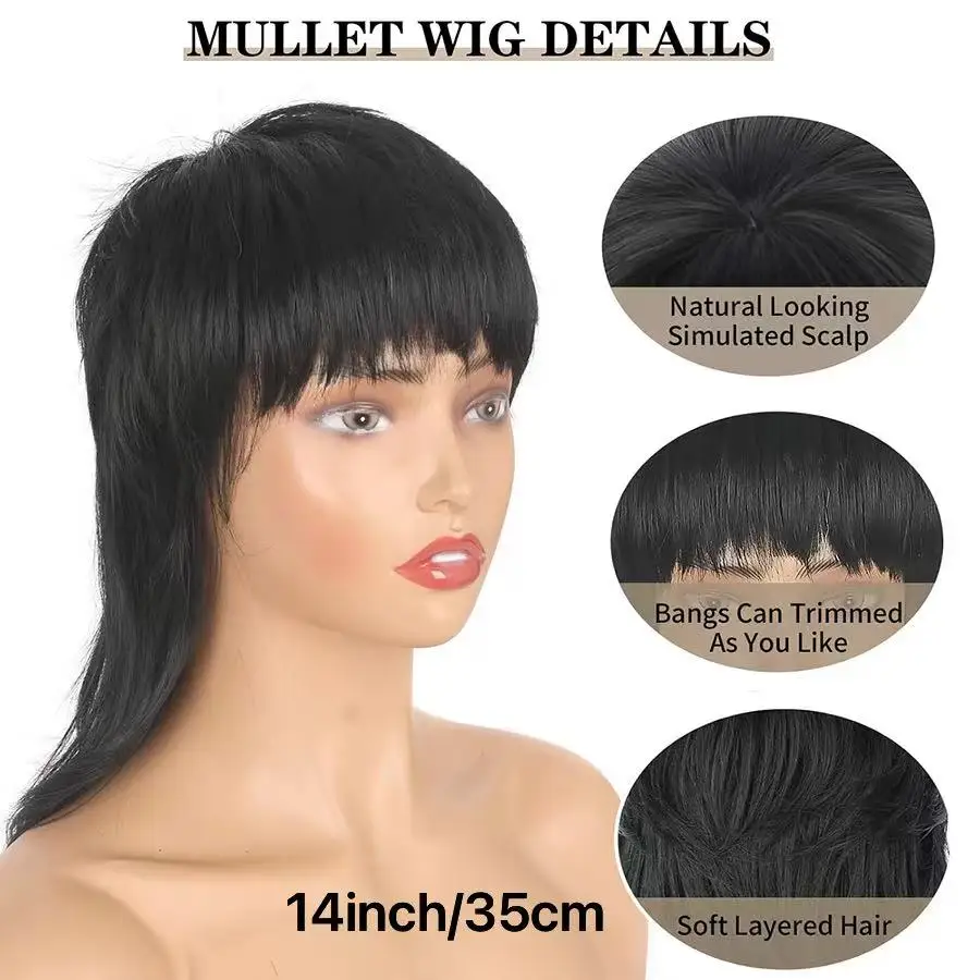14 Inch 3 Colors Wolf Cut Wig, Shaggy Layered Mullet Pixie Wig with Bangs, 80s 90s Curly Synthetic Hair for Women