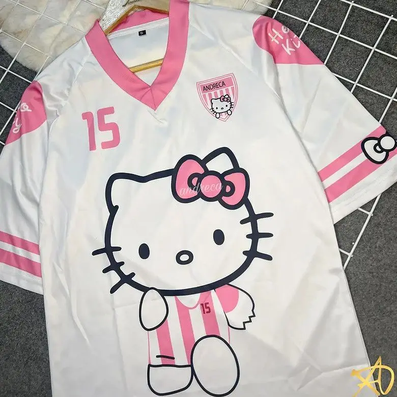 

Summer Sanrio Hellokitty Cartoon Printed Short Sleeved T-Shirt V-Neck Loose And Fashionable Street Wear Casual Sportswear Top