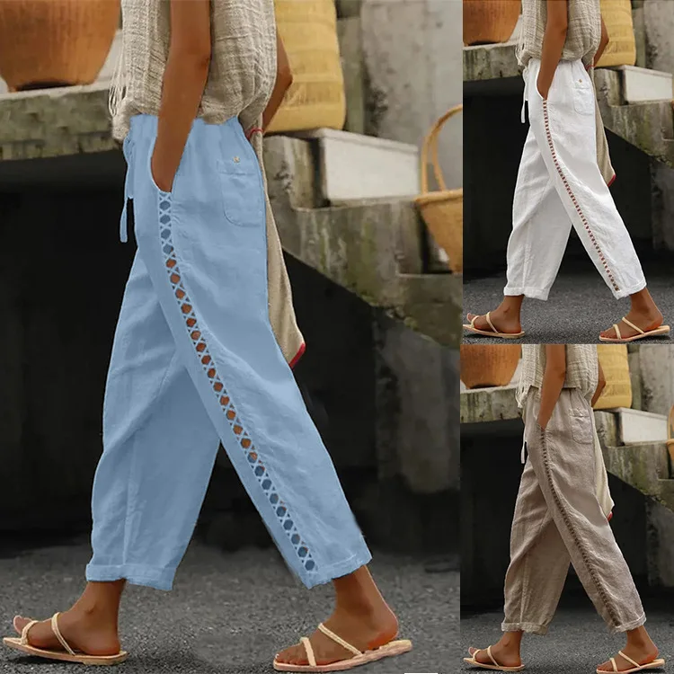 Women Fashion Embroidered Lace Trousers Vintage Lace-Up Pockets Pants Summer Elegant Loose Elastic Waist Long Pants Streetwears