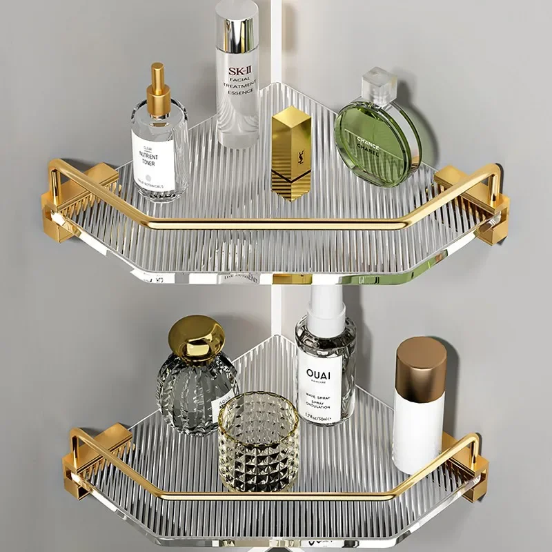 New Acrylic Storage Shelves Free Punch Bathroom Luxury Golden Silver Tripod Shower Room Toilet Storage Rack Accessories Shelf