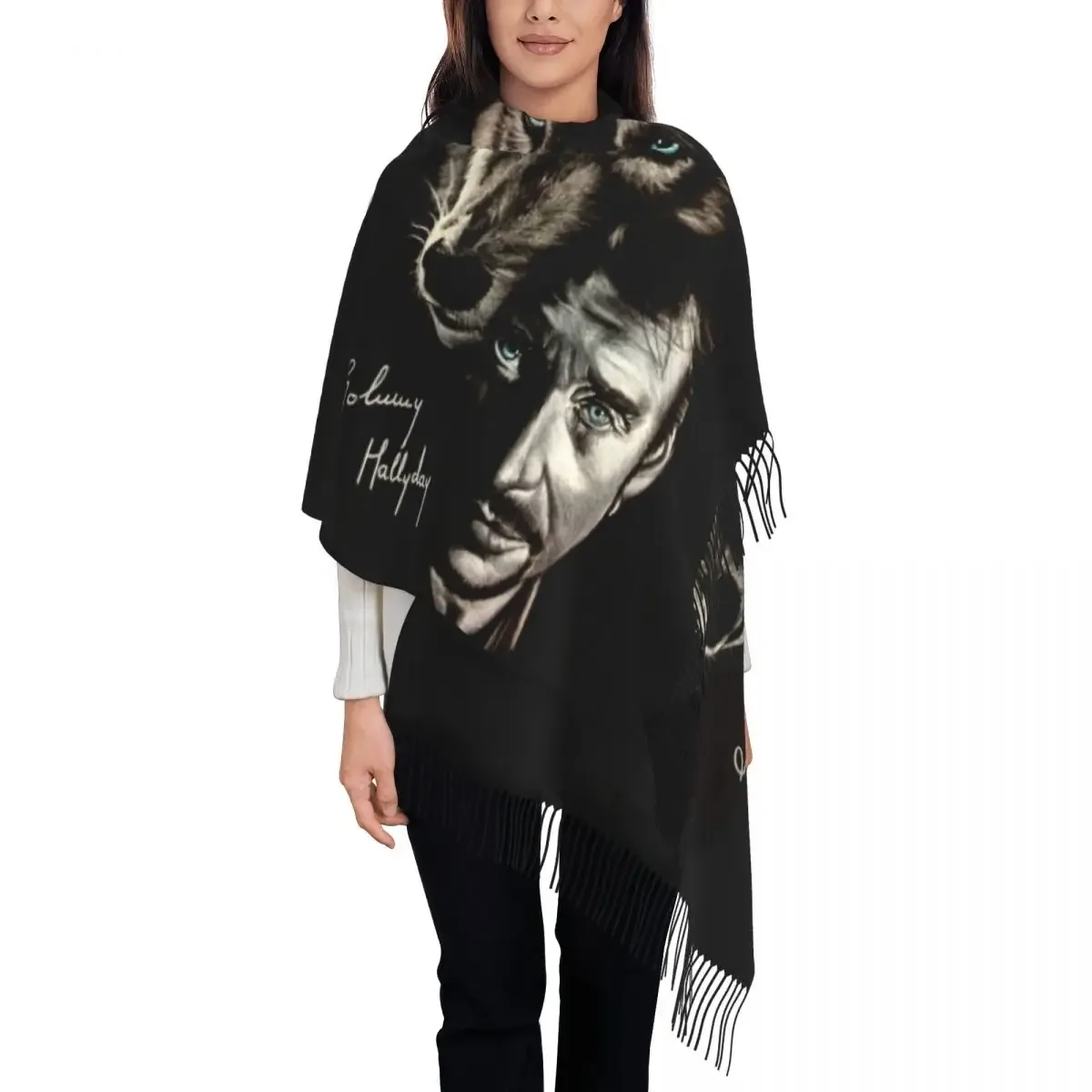 

Ladies Large Johnny Hallyday And Wolf Scarves Women Winter Thick Warm Tassel Shawl Wraps France Singer Rock Star Scarf