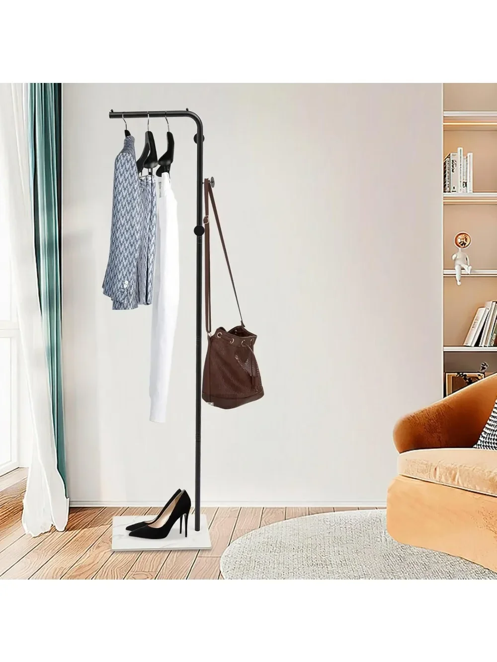 

L-Shape Clothes Rack, Metal Clothes Rail with 3 Round Head Hooks, Slate Base, Height 170 cm, for Hallways, Load Capacity 35 kg