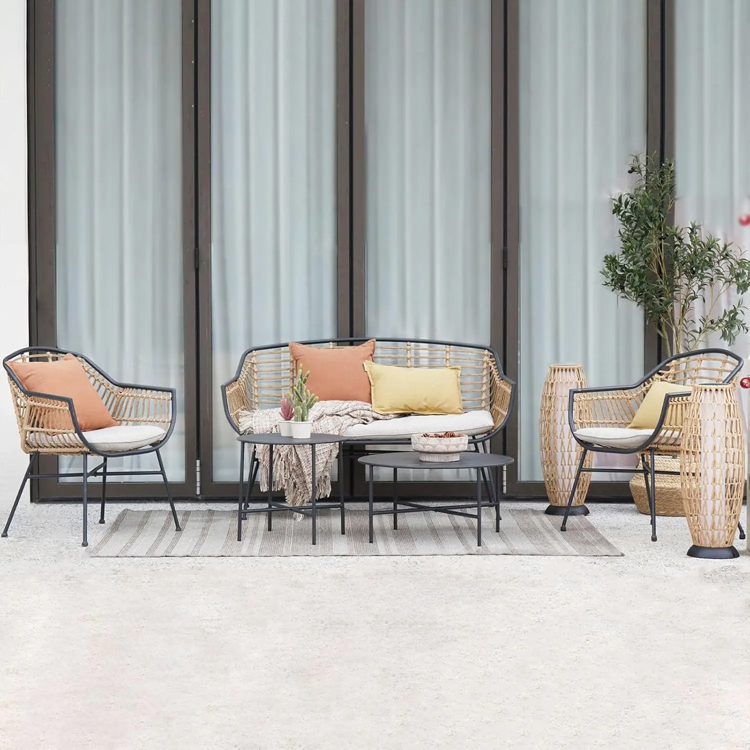 5-Piece Outdoor Wicker  Conversation Set with Cushions and Coffee Tables, Boho Wicker Seating Set for Indoor Outdoor